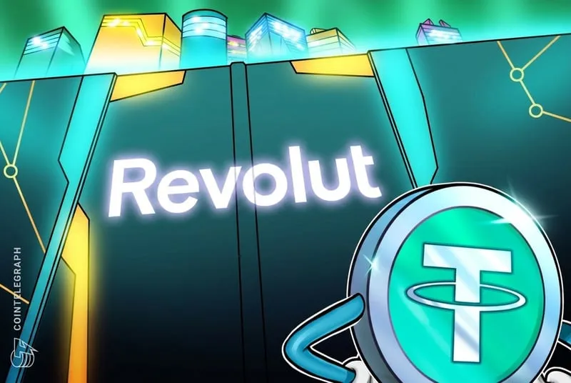 Revolut app branding over a Tether USDT stablecoin logo