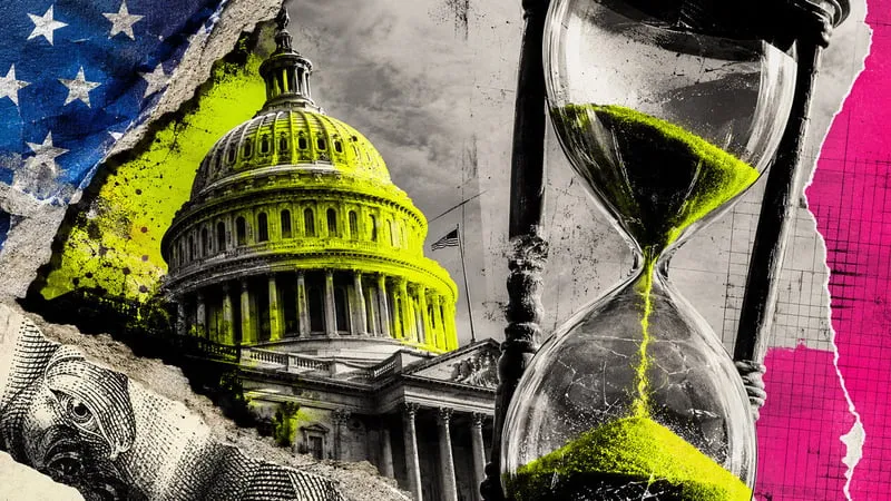 Collage of the US Senate chamber with an hourglass, illustrating the CLARITY Act deadline