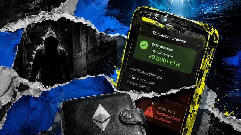 Phone showing a safe transaction preview beside a warning that the real result sends all funds to an attacker