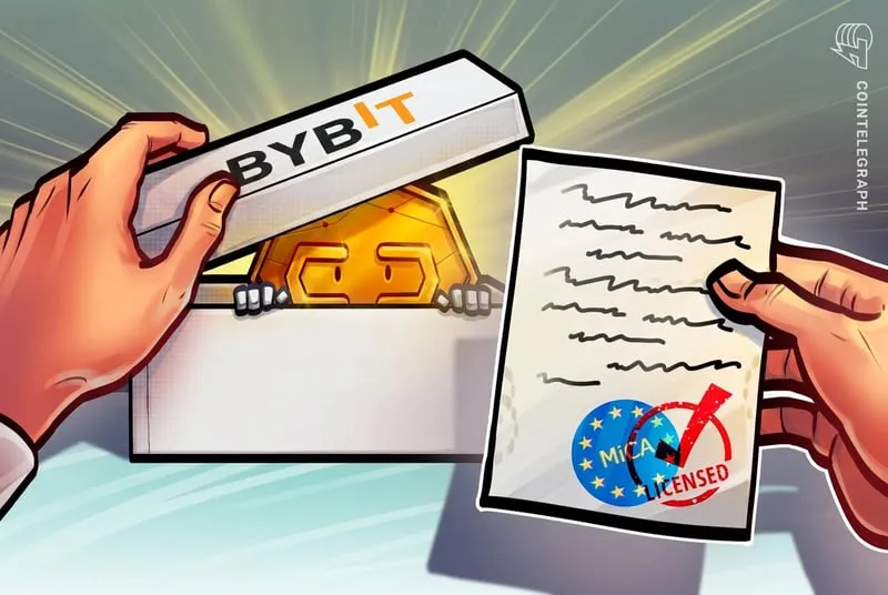Illustration of a Bybit branded box being opened beside a document stamped with an EU MiCA licensed seal