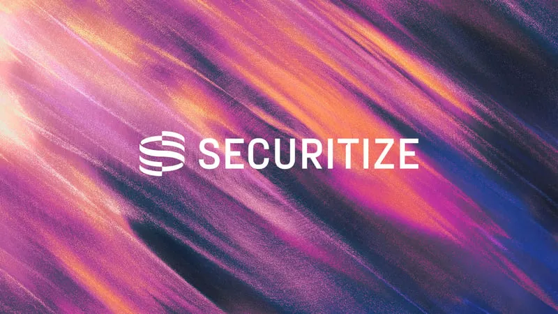 Securitize logo on a purple and orange abstract background