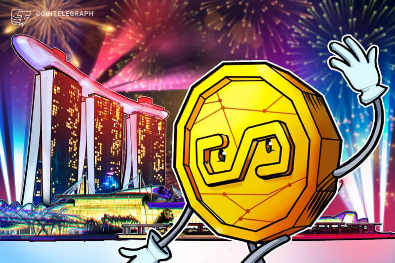Illustrated stablecoin character waving in front of Singapore's Marina Bay Sands at night