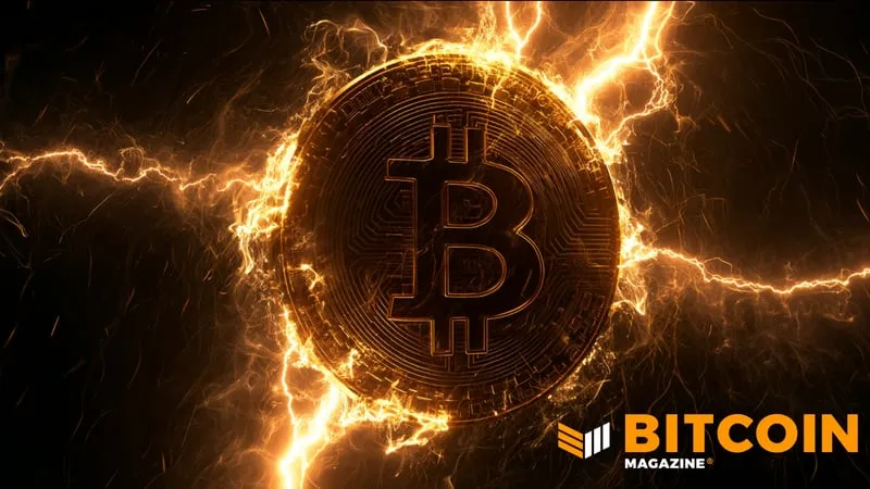 Bitcoin coin surrounded by bright lightning bolts