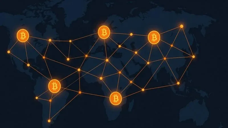 Glowing Bitcoin symbols linked across a dark world map
