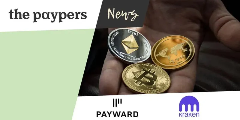 Bitcoin, Ether and XRP coins in an open hand beside the Payward and Kraken logos
