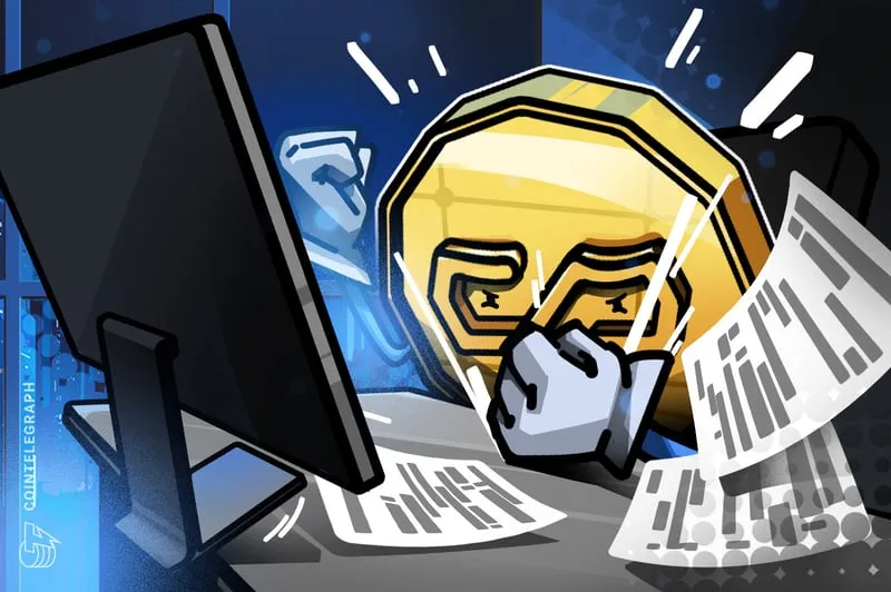 Cartoon stablecoin at a desk surrounded by flying paperwork