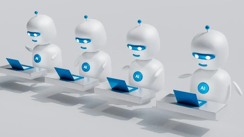Four white AI robots working at blue laptops in a row