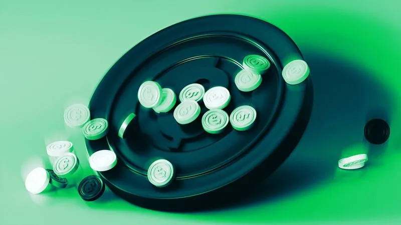 White dollar-sign tokens spilling across a large dark coin on a green background