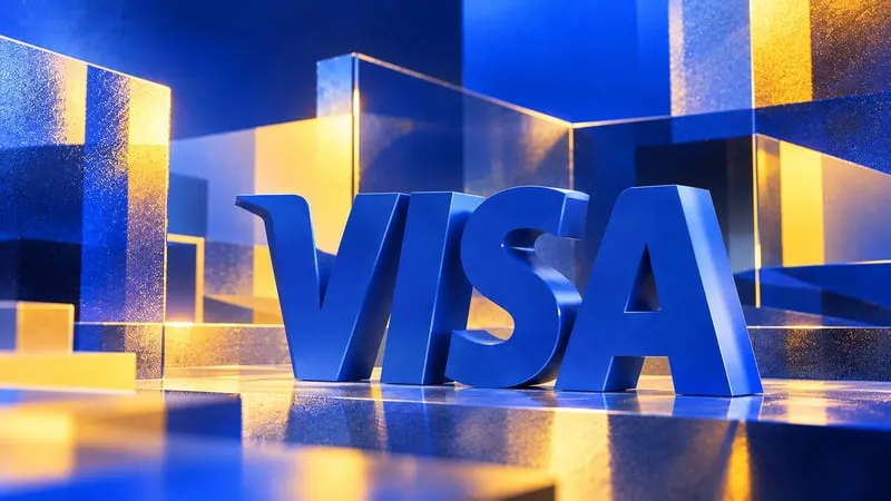 Large blue 3D Visa letters among glass blocks lit in blue and gold