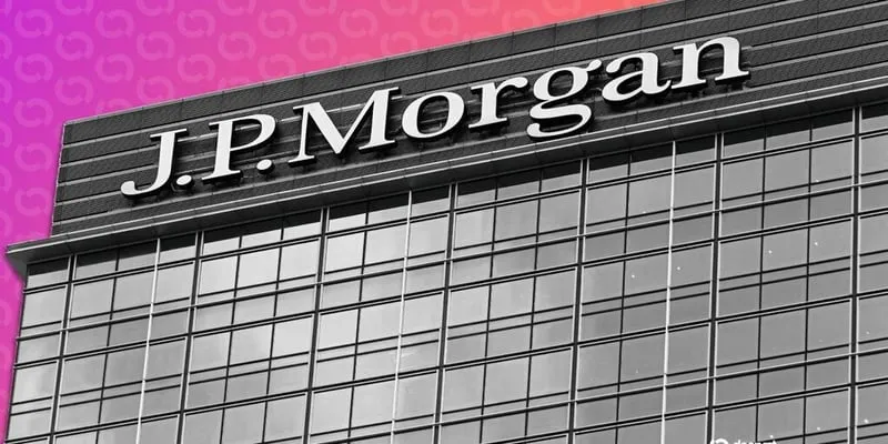 J.P. Morgan sign on top of an office tower against a pink and purple background