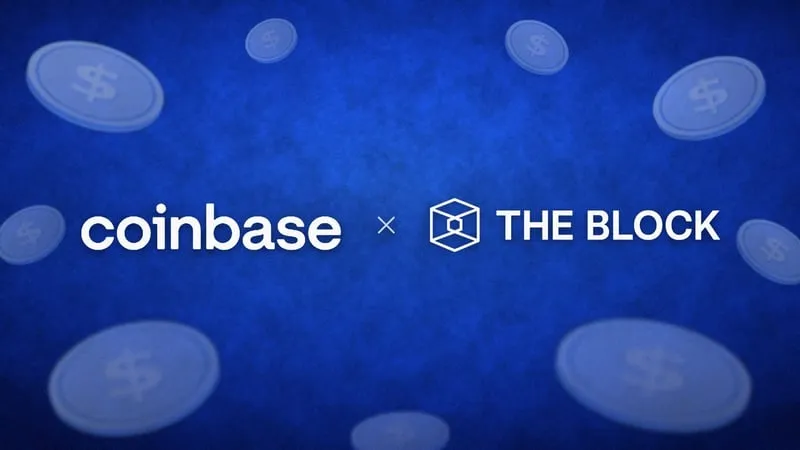 Coinbase and The Block logos on a blue background with floating dollar coins