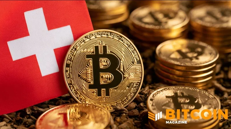 A gold Bitcoin coin leaning against a Swiss flag, with stacks of coins behind