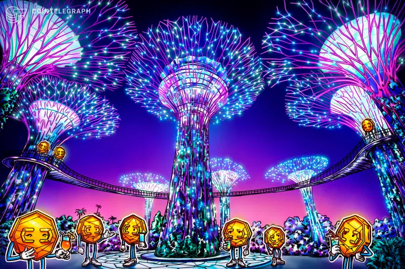 Cartoon coins gathered under Singapore's illuminated Supertree Grove at night