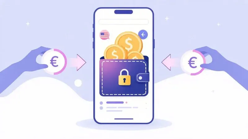 Illustration of a smartphone wallet holding dollar coins with euro coins arriving from both sides