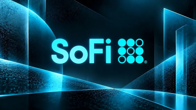 The SoFi logo glowing in blue on a dark background
