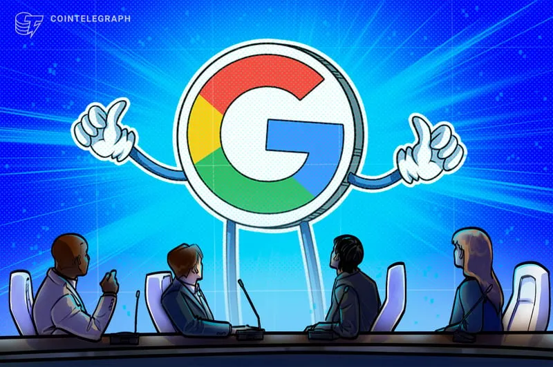 Illustration of a cartoon Google logo presenting to a panel of business people