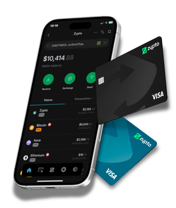 Zypto wallet app on iPhone with two crypto Visa cards