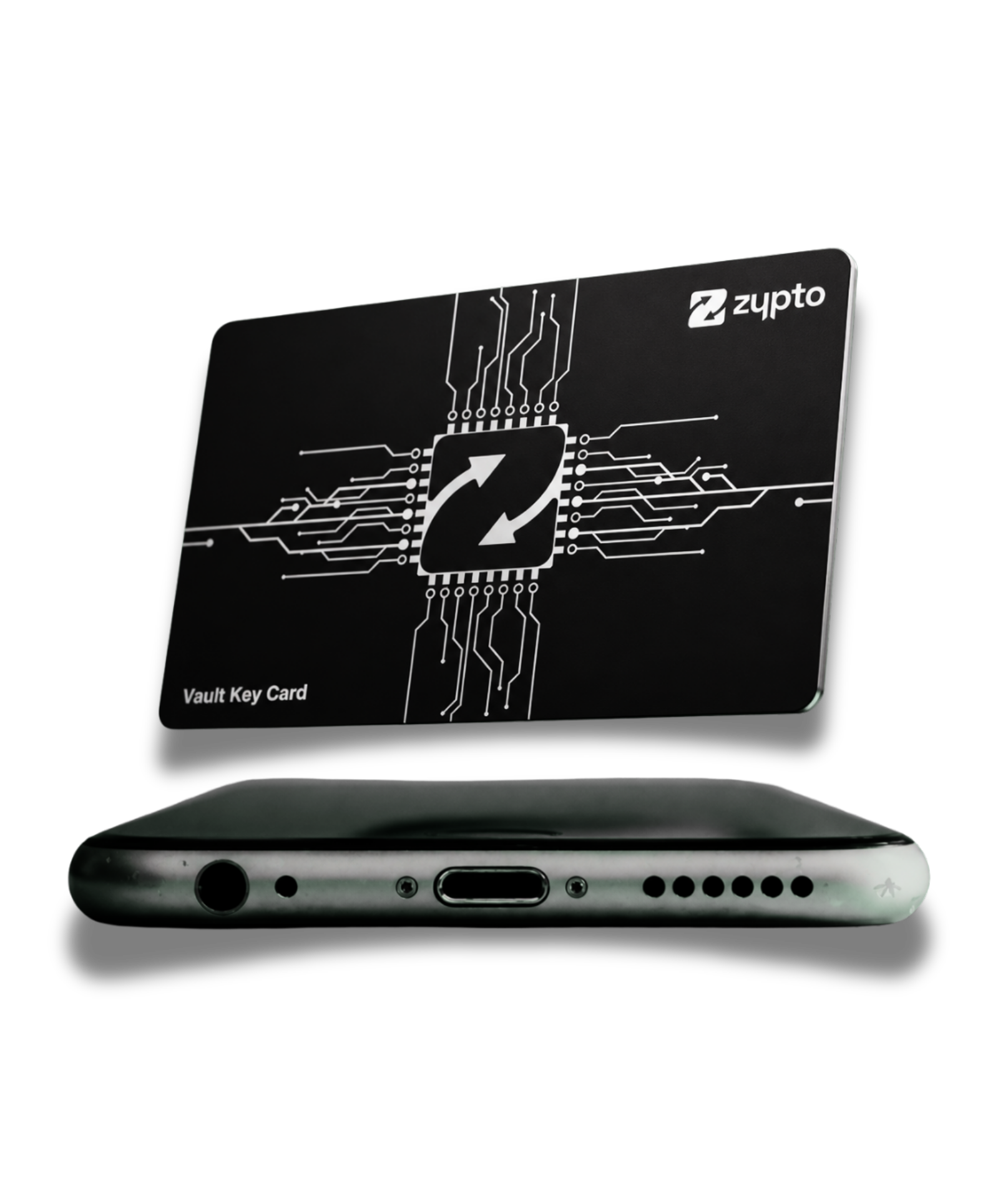 Vault Key Card standing beside a phone, app and card kept apart