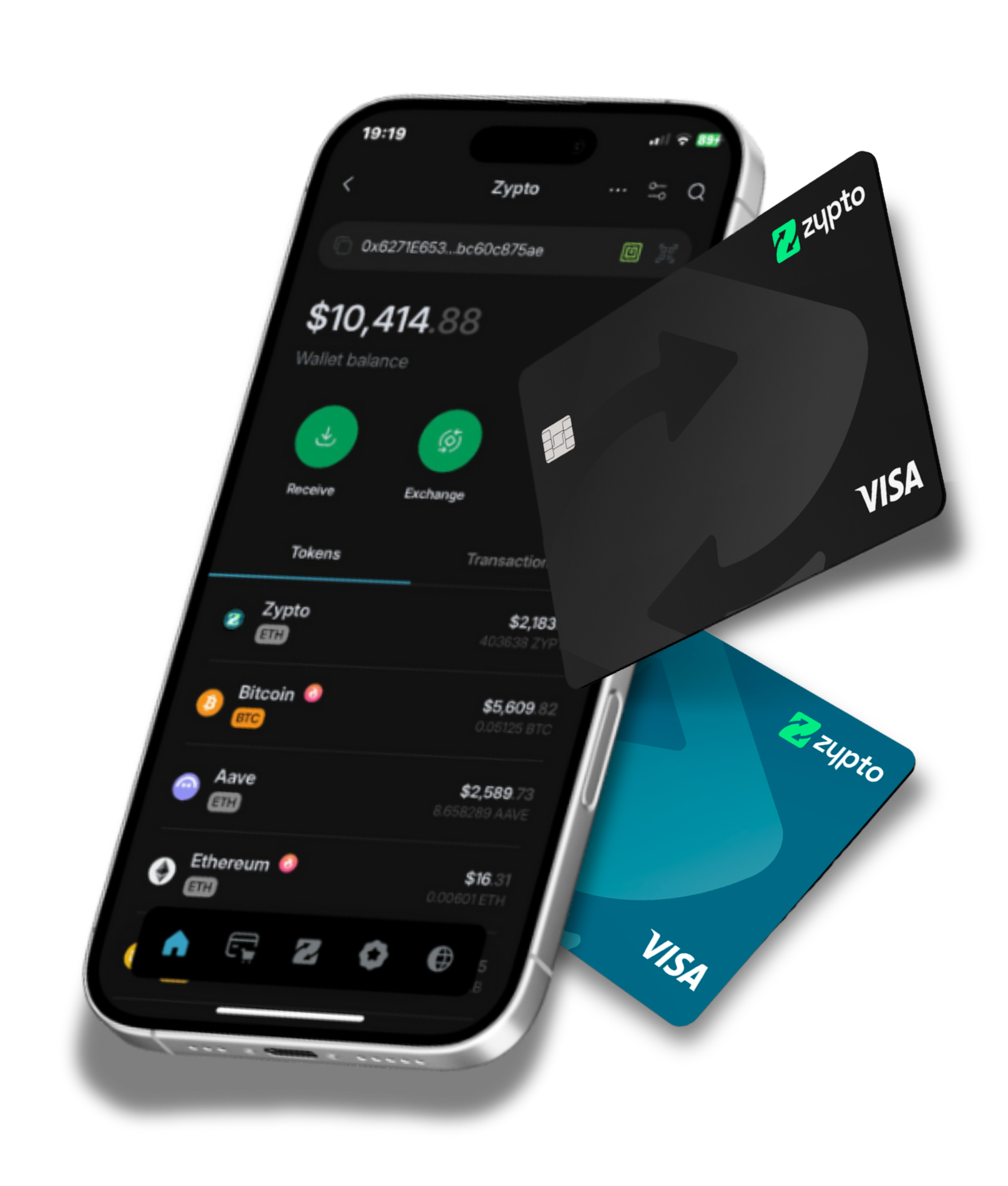 Zypto crypto wallet app on iPhone alongside two crypto Visa cards