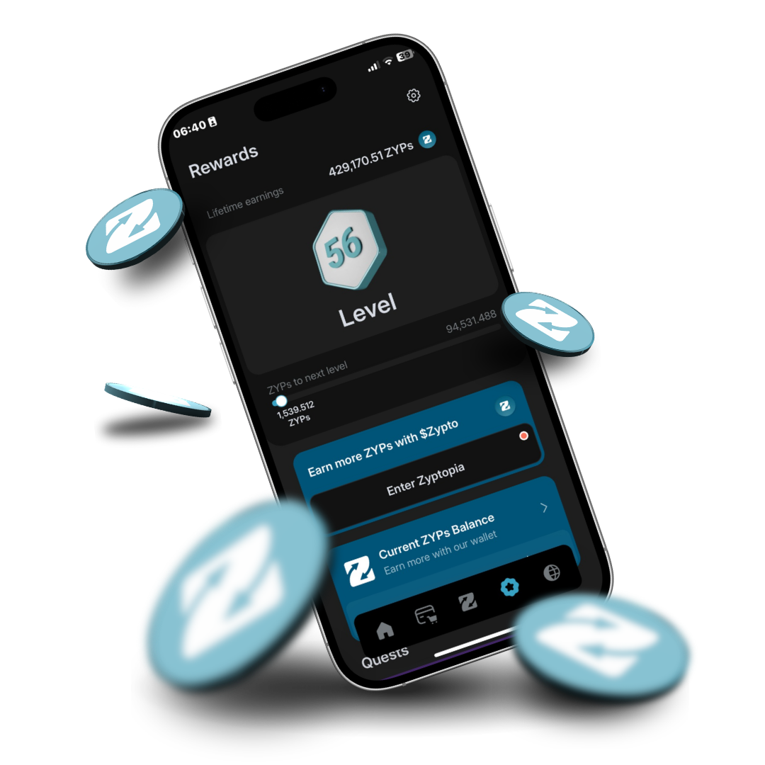 Rewards Hub in Zypto App showing ZYPs balance and level