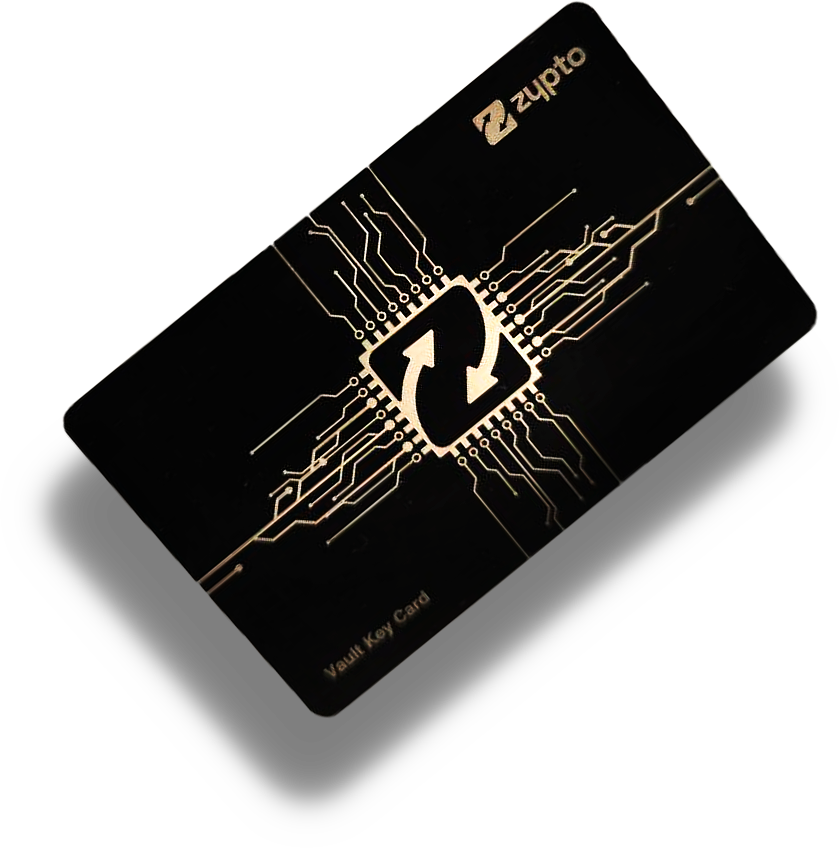 Vault Key Card front and back, black metal with gold circuit detail